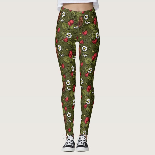 Wrens and strawberries on dark green leggings (Front)