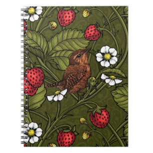 Wrens and strawberries on dark green notebook