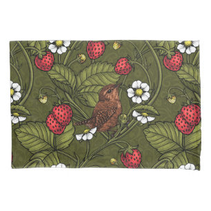 Wrens and strawberries on dark green pillowcase