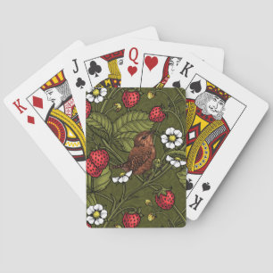 Wrens and strawberries on dark green playing cards
