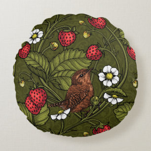 Wrens and strawberries on dark green round cushion