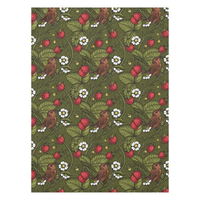 Wrens and strawberries on dark green tablecloth (Front)