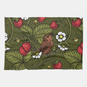 Wrens and strawberries on dark green tea towel