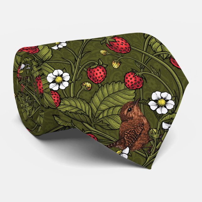 Wrens and strawberries on dark green tie (Rolled)