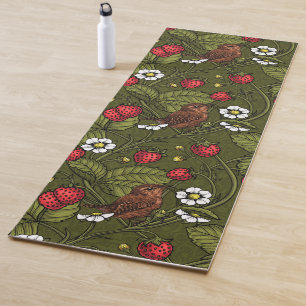 Wrens and strawberries on dark green yoga mat
