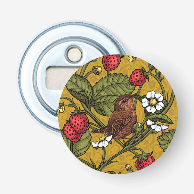 Wrens and strawberries on mustrard bottle opener (Front)