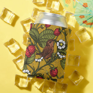Wrens and strawberries on mustrard can cooler