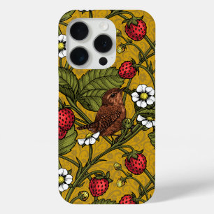 Wrens and strawberries on mustrard iPhone 15 pro case