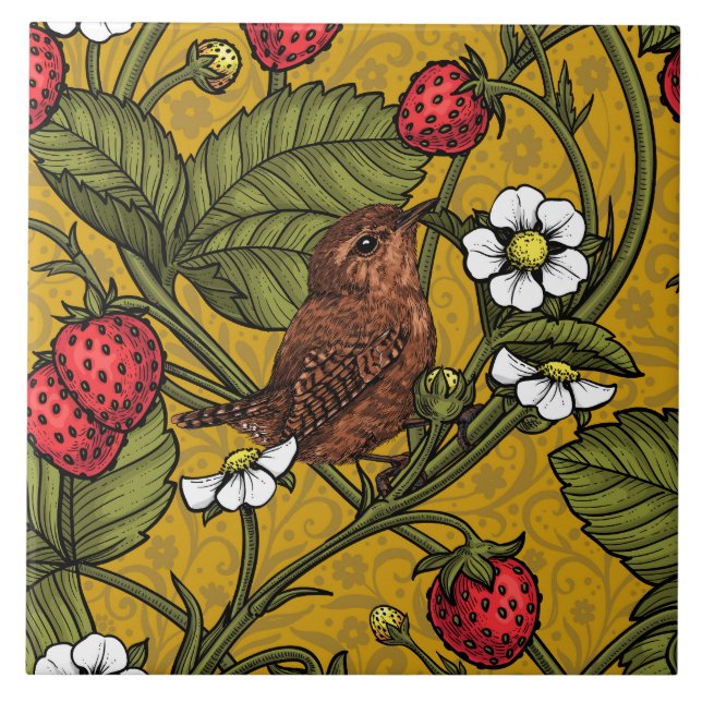 Wrens and strawberries on mustrard ceramic tile (Front)