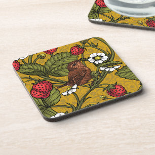 Wrens and strawberries on mustrard coaster