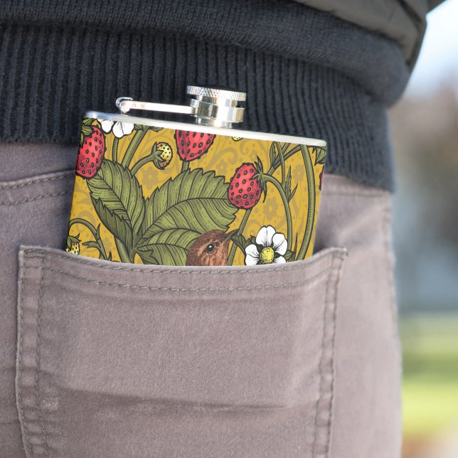 Wrens and strawberries on mustrard hip flask (In Situ)