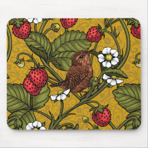 Wrens and strawberries on mustrard mouse pad