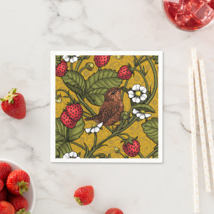 Wrens and strawberries on mustrard napkin