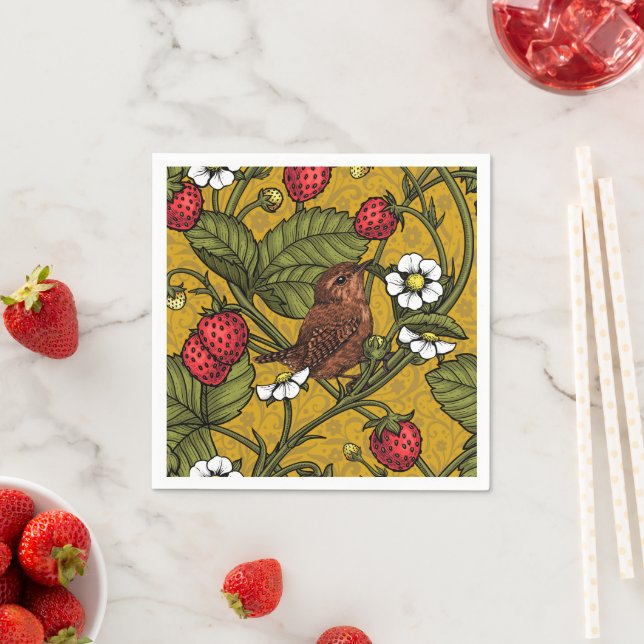 Wrens and strawberries on mustrard napkin (Insitu)