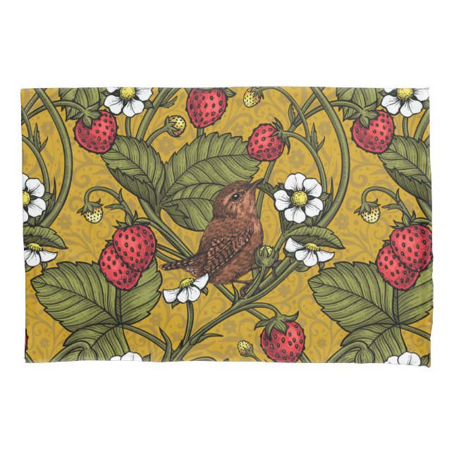 Wrens and strawberries on mustrard pillowcase (Front-Left)