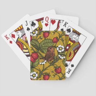 Wrens and strawberries on mustrard playing cards
