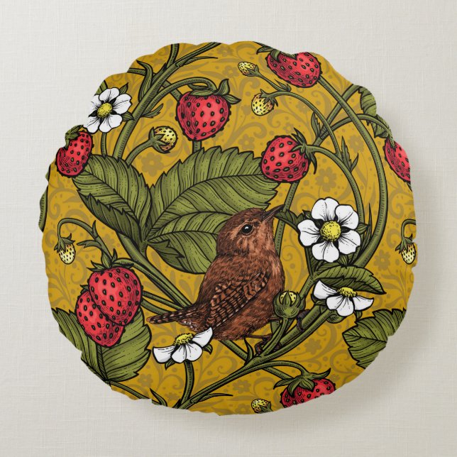 Wrens and strawberries on mustrard round cushion (Front)