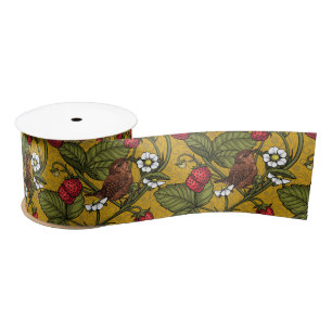 Wrens and strawberries on mustrard satin ribbon