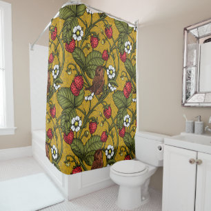 Wrens and strawberries on mustrard shower curtain
