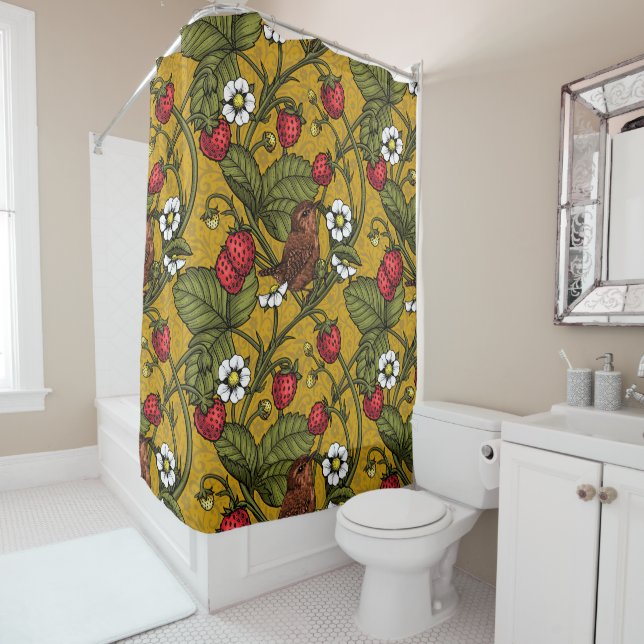Wrens and strawberries on mustrard shower curtain (In Situ)