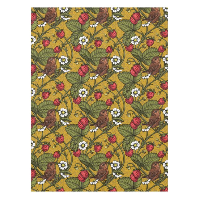 Wrens and strawberries on mustrard tablecloth (Front)