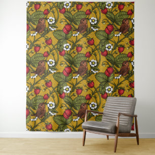 Wrens and strawberries on mustrard tapestry
