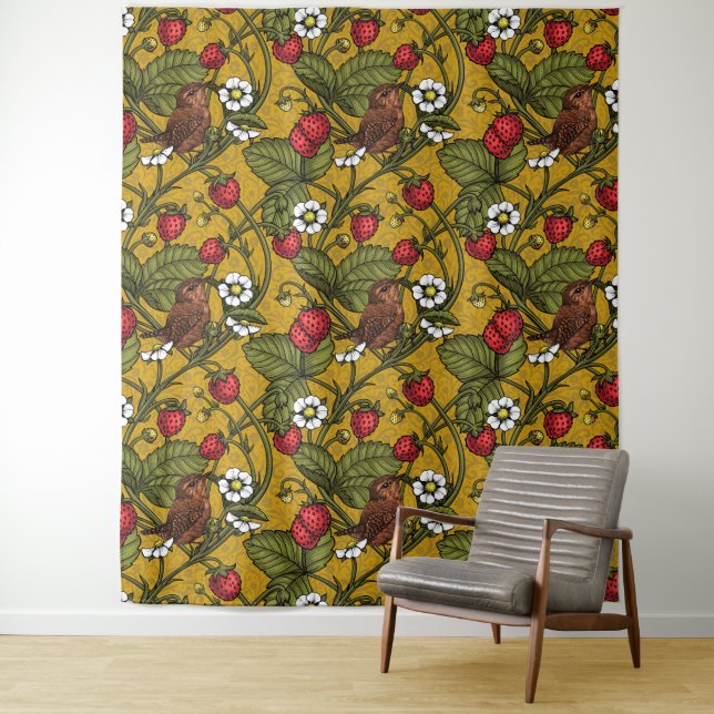 Wrens and strawberries on mustrard tapestry (In Situ)