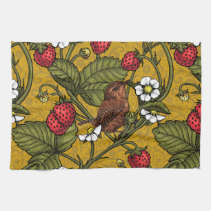 Wrens and strawberries on mustrard tea towel