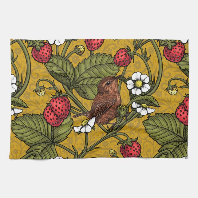 Wrens and strawberries on mustrard tea towel (Horizontal)