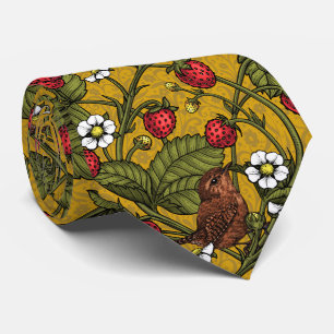 Wrens and strawberries on mustrard tie