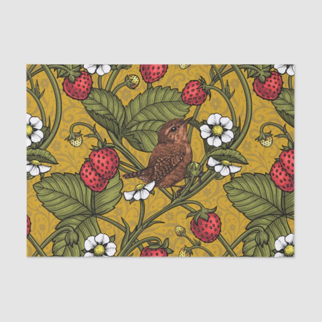 Wrens and strawberries on mustrard tissue paper (Front)