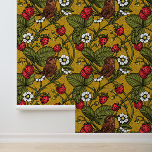 Wrens and strawberries on mustrard wallpaper