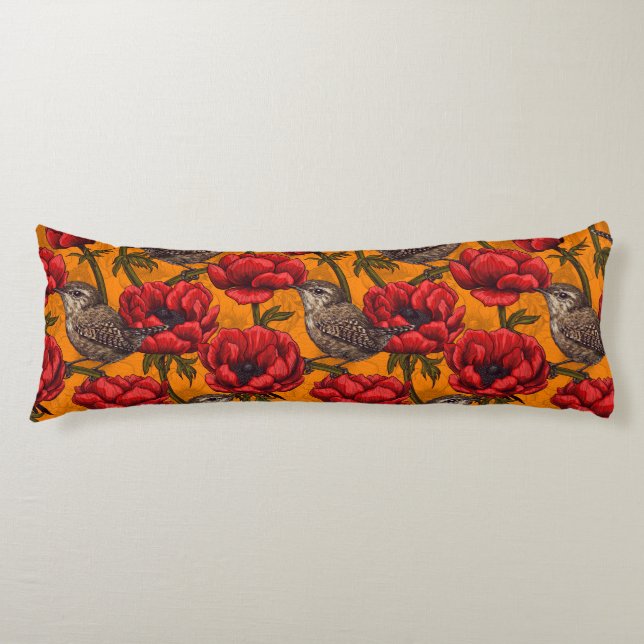 Wrens in a red anemone garden body cushion (Front)