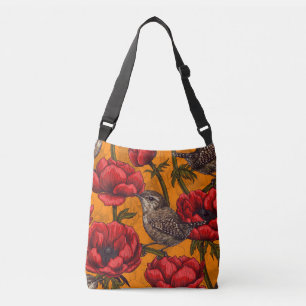 Wrens in a red anemone garden crossbody bag