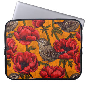 Wrens in a red anemone garden laptop sleeve