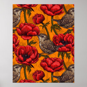 Wrens in a red anemone garden poster