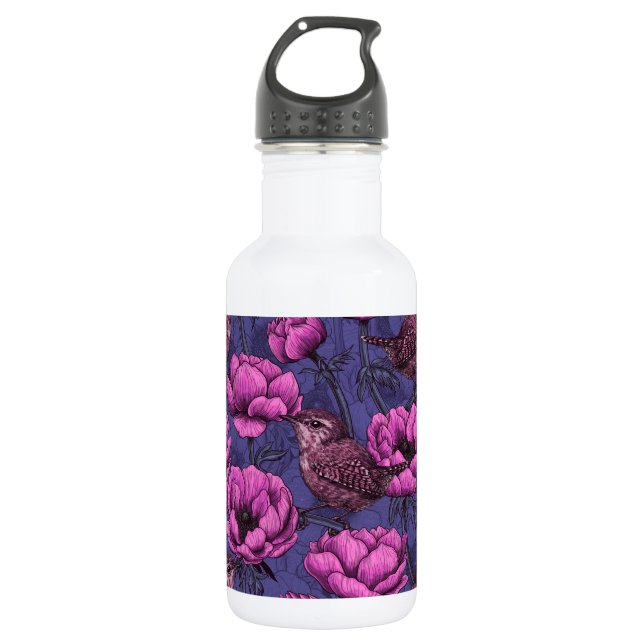 Wrens in the anemone garden 532 ml water bottle (Front)