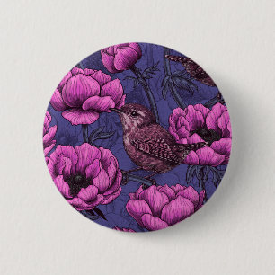 Wrens in the anemone garden 6 cm round badge