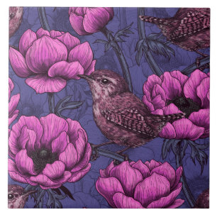 Wrens in the anemone garden ceramic tile