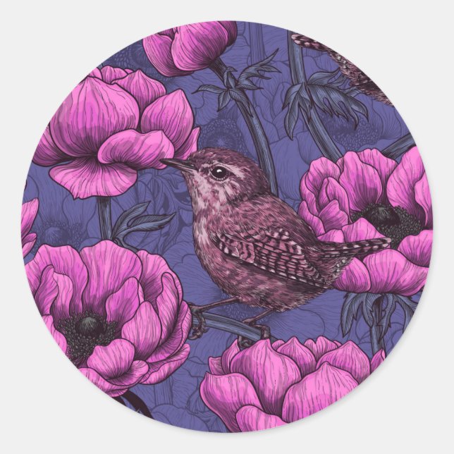 Wrens in the anemone garden classic round sticker (Front)