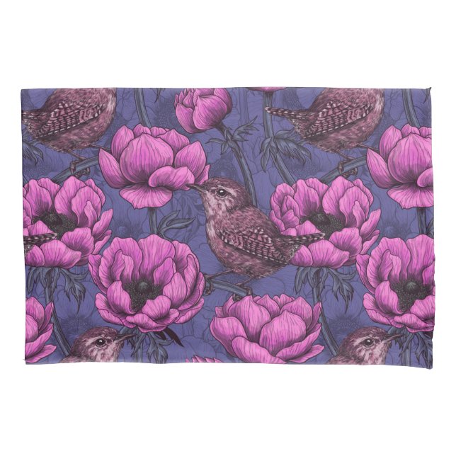Wrens in the anemone garden pillowcase (Front)