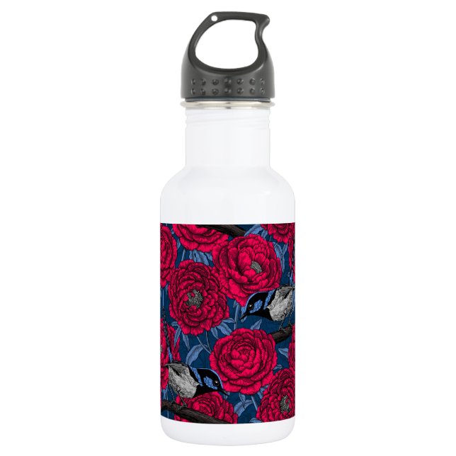 Wrens in the peonies 532 ml water bottle (Front)
