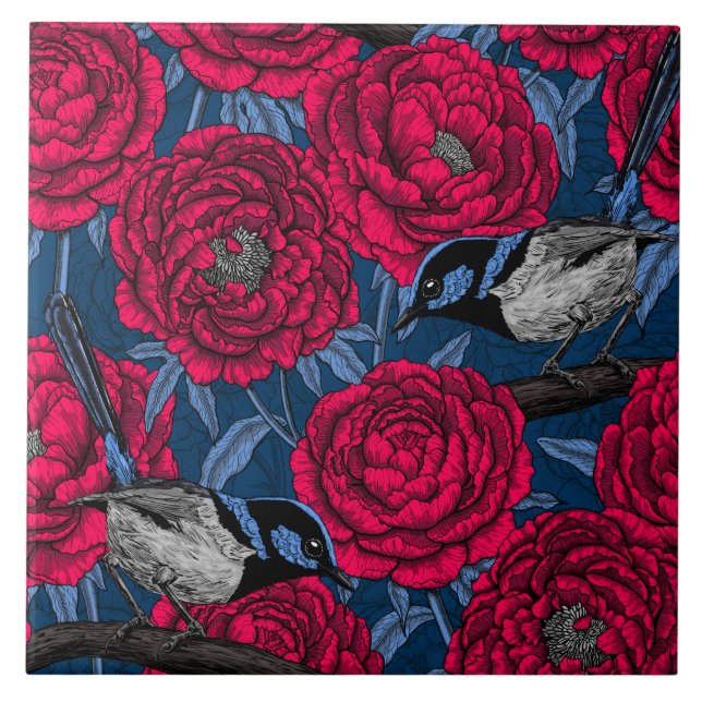 Wrens in the peonies ceramic tile (Front)
