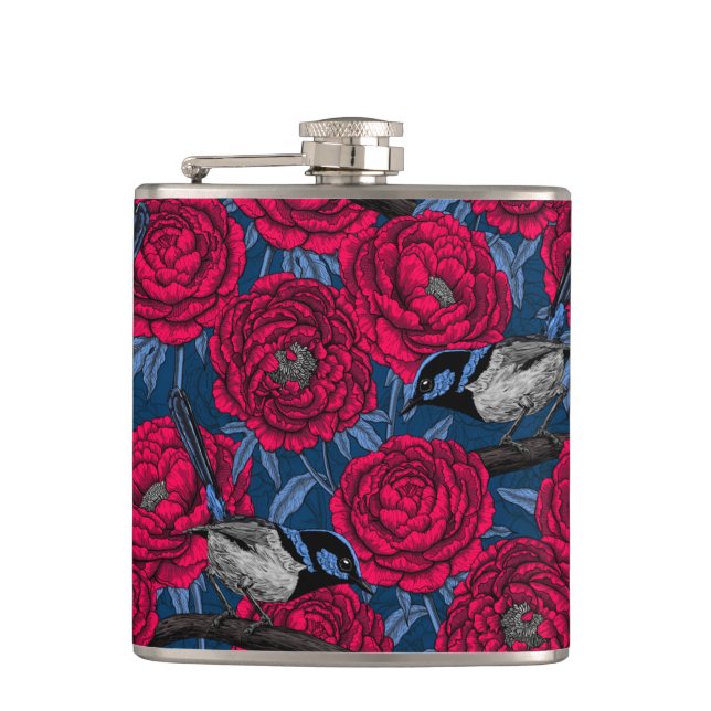 Wrens in the peonies hip flask (Front)