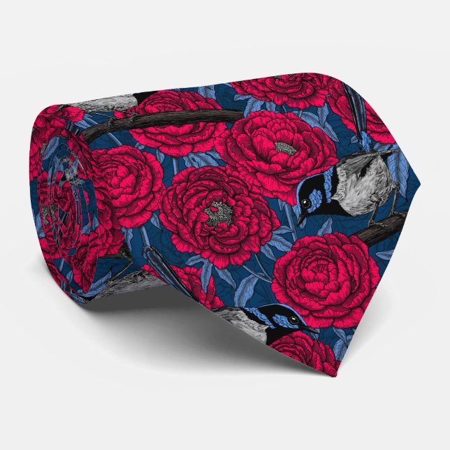Wrens in the peonies tie (Rolled)