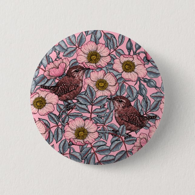 Wrens in the roses 6 cm round badge (Front)