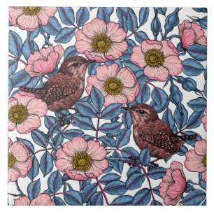 Wrens in the roses ceramic tile