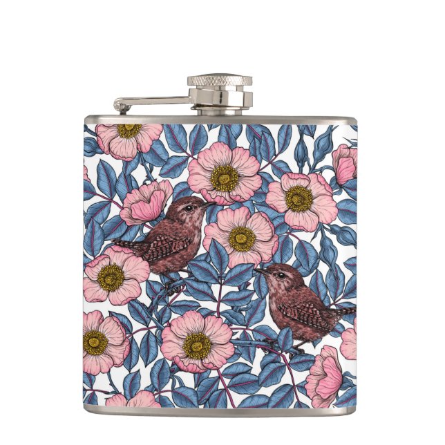 Wrens in the roses hip flask (Front)