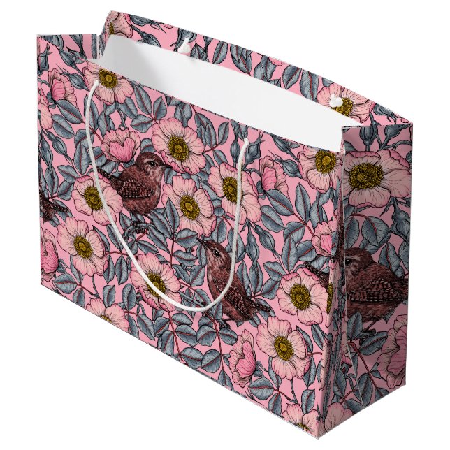 Wrens in the roses large gift bag (Back Angled)