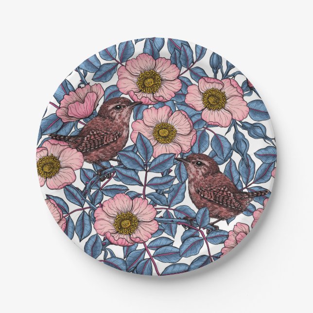 Wrens in the roses paper plate (Front)
